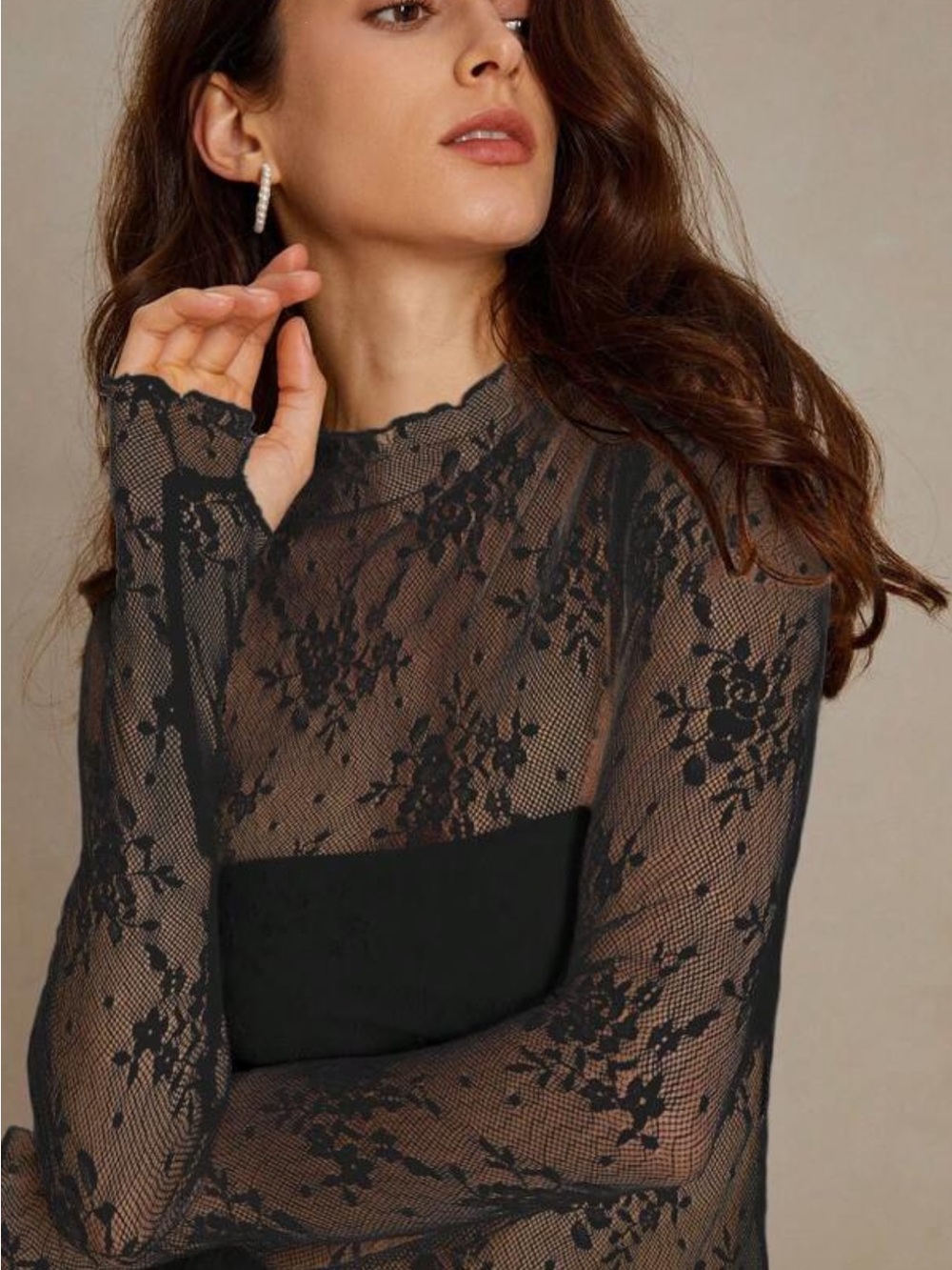 Black Sheer Lace Long-Sleeve Mock Neck Top new small
